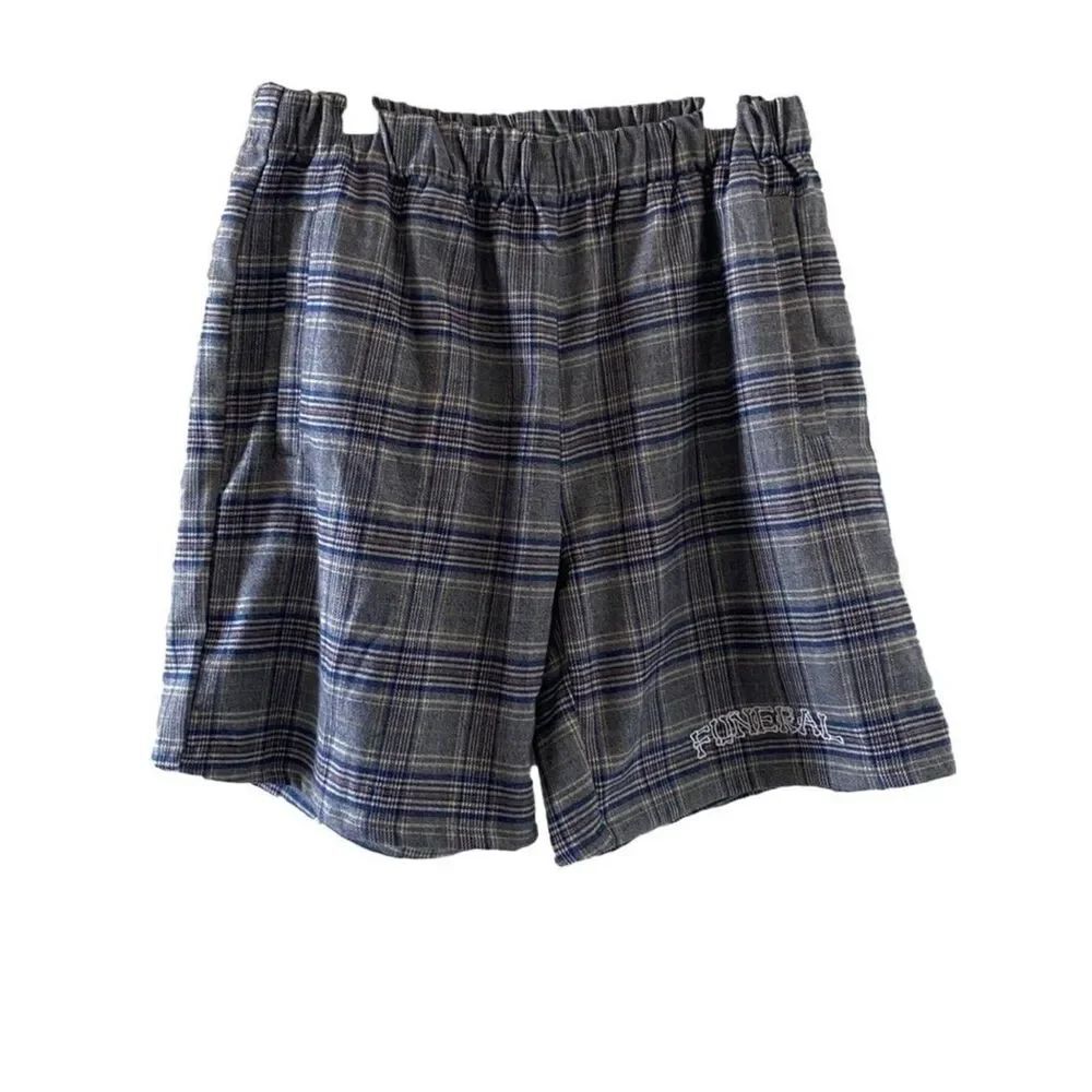FUNERAL Plaid Elastic Waist Shorts - Blue & Gray with Red Accents